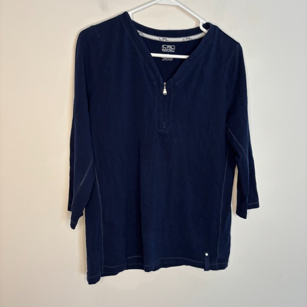LRL Lauren Ralph Lauren VNeck 3/4 Sleeve Top Womens L Navy Stretch Zipper Detail
